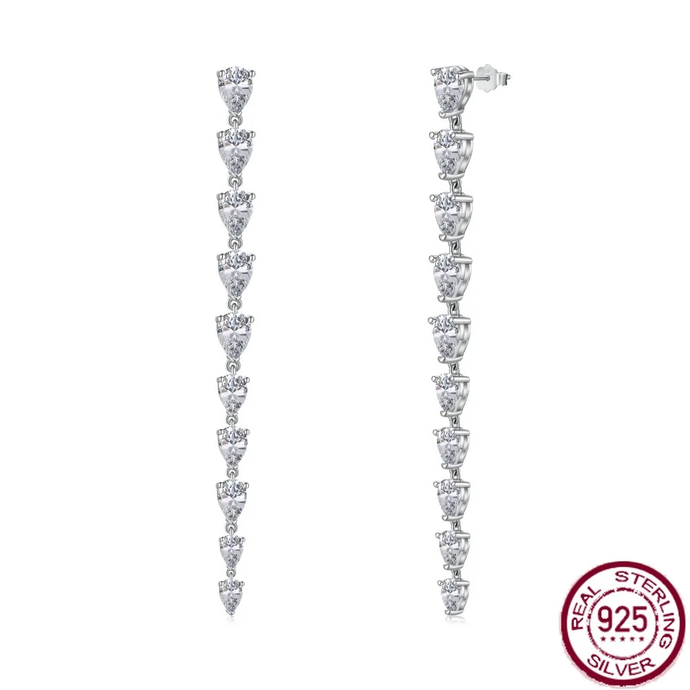 New S925 Pure Silver Ear Studs, Female Zircon Row Diamond Design, Pear shaped Tassel Design, Earrings, Wedding Jewelry