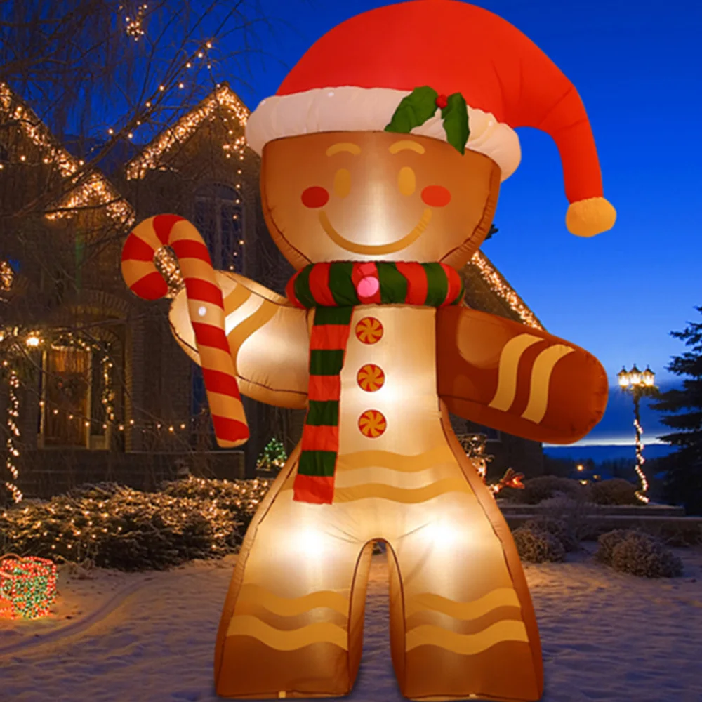 8FT Christmas Inflatables Gingerbread Man with Built-in LED Ornament for Xmas Party Indoor Outdoor Courtyard Props Decoration