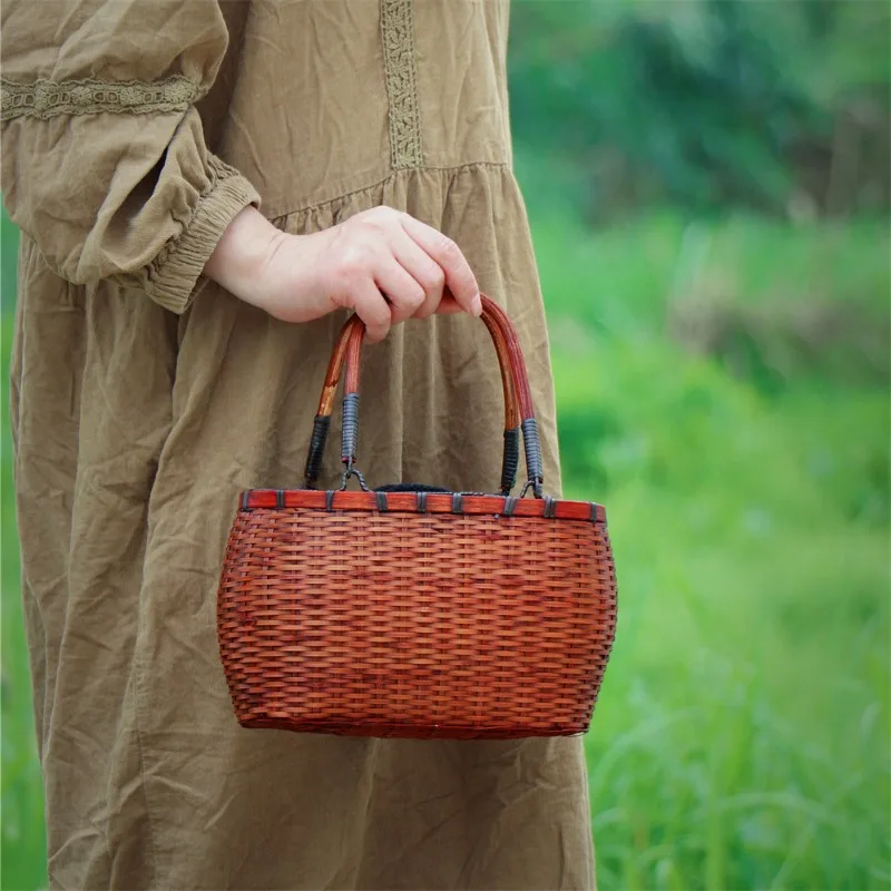 Handmade bamboo woven bag women's portable retro old bamboo storage woven basket handicraft storage bamboo woven bag