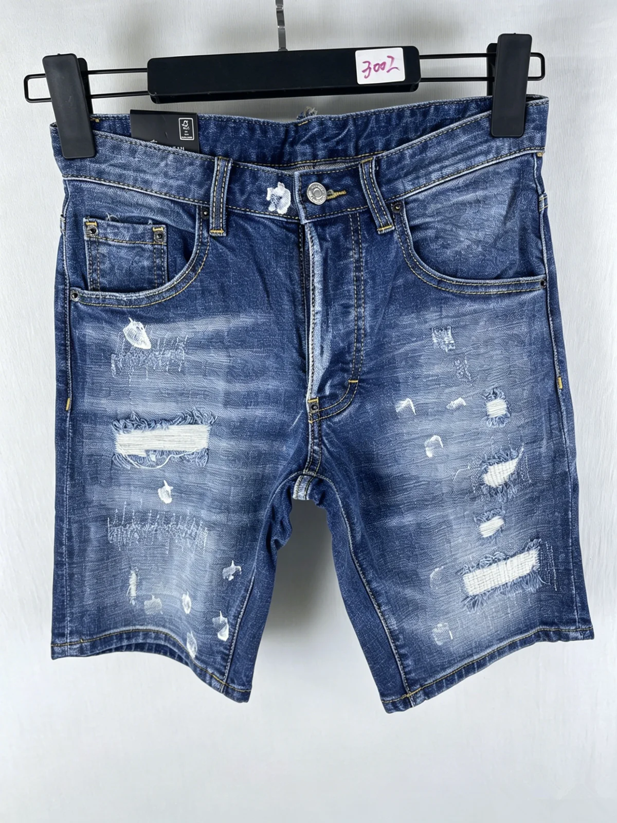 

3002 Summer New Men's Jeans Washed Ripped Patch Paint Slim-fit Micro-elastic Denim Shorts Men's Blue