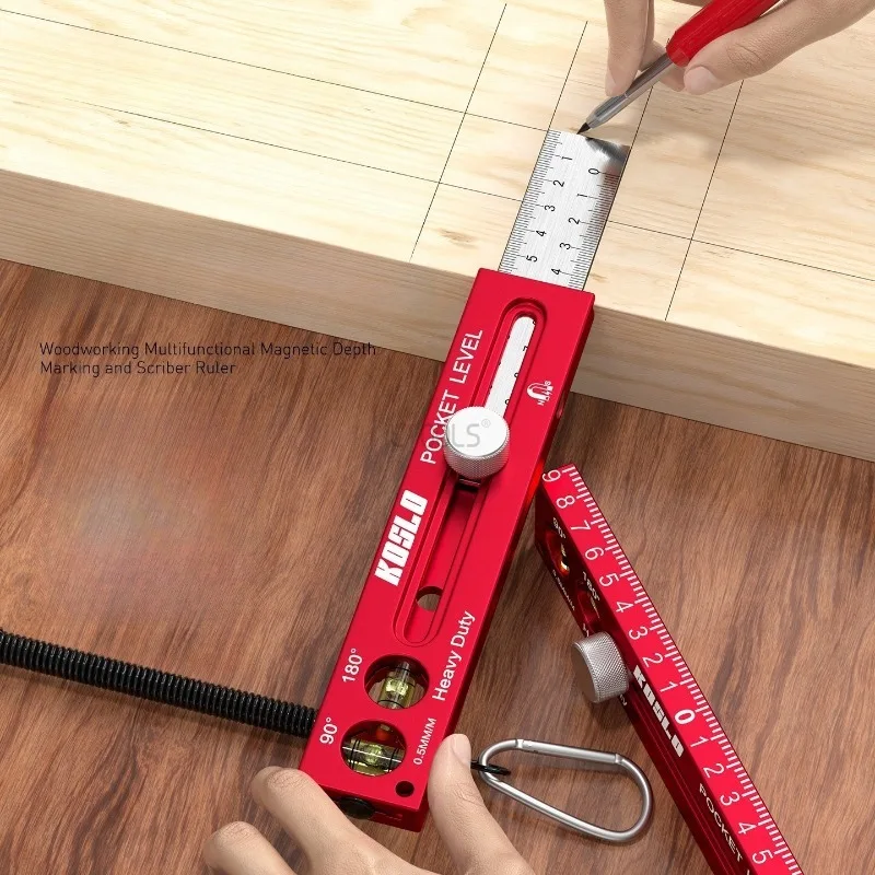 Multifunctional Ruler Woodworking Magnetic Depth Marking and Scriber Ruler Inch & Metric Aluminum Alloy Gauge Woodworking Tool