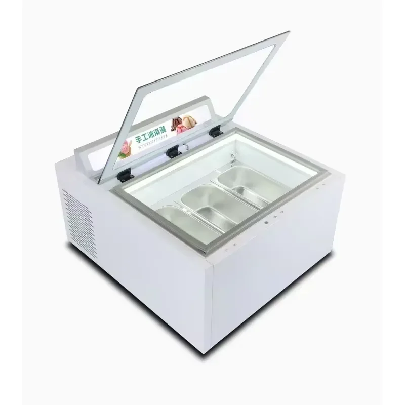 Compact 3-Pan Frozen Dessert Display for High-Traffic Self-Service Counters Space-Saving Mini Ice Cream Freezer with Triple