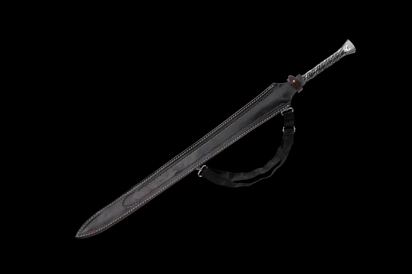 medieval Viking era samurai sword and a folded Damascus steel one-piece sword are ready for battle, handcrafted sharp weapons