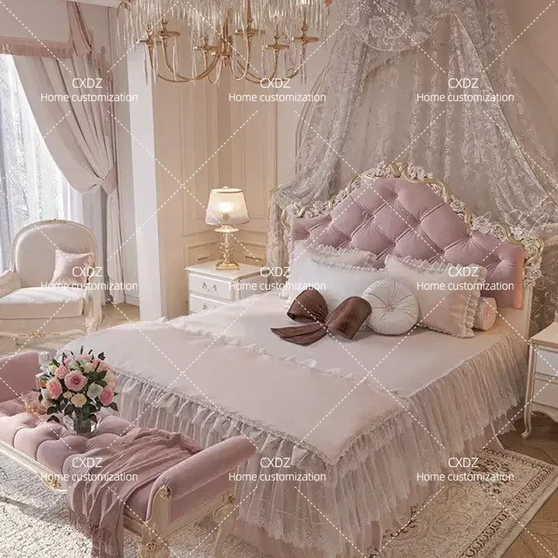 Vintage Court Style Solid Wood Princess Bed 1.5m 1.8m Double Queen Size Bedroom Furniture for PC Console Gaming Wedding