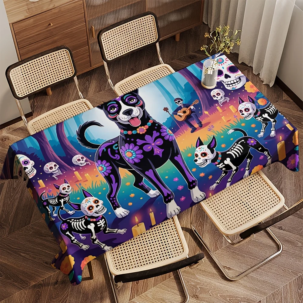 Day of The Dead Rectangle Table Cloth Sugar Skull Skeleton Dog Tablecloth Mexican Fiesta Home Kitchen Party Dining Table Decor