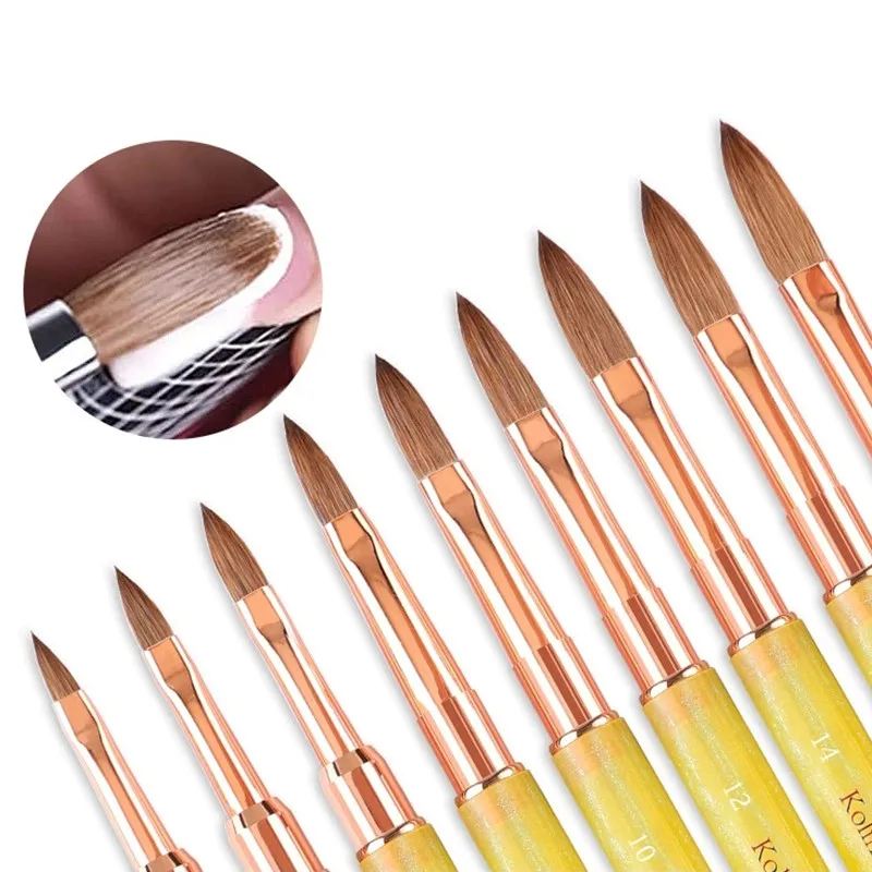 Kolinsky – brosse jaune pour Nail Art, stylo d'extension de Gel UV acrylique, vernis à ongles, peinture, dessin, brosse pour Nail Art, 1 pièce