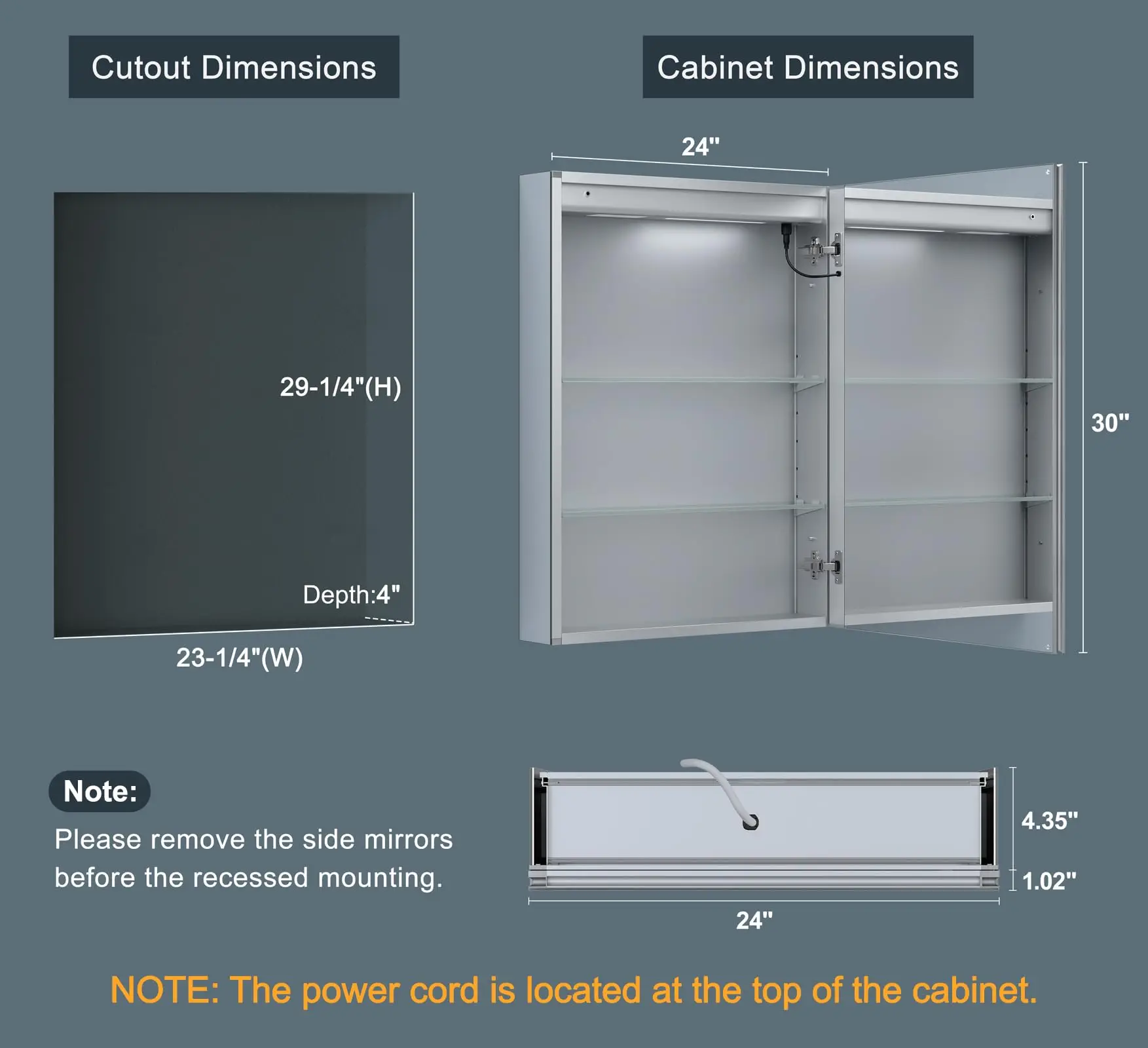 24x30 Inch Medicine Cabinet with Lights, AL Alloy Frame, Plug-in or Hardwired, Recessed or Surface Mount, 3