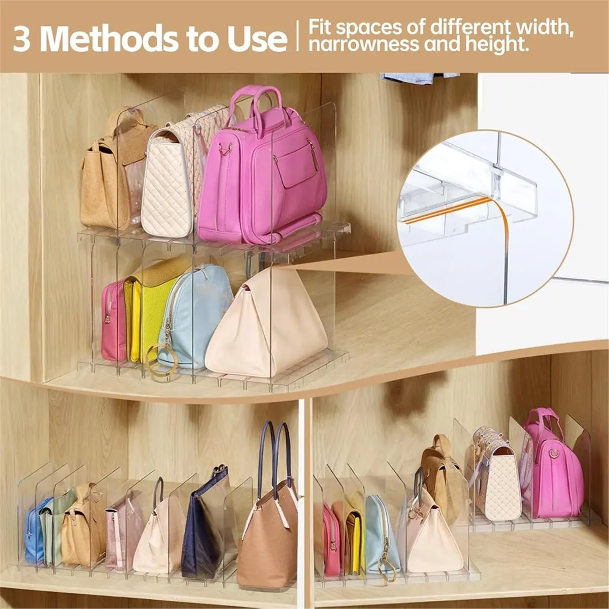 2026 New Purse Organizer for Closet, Stackable Handbag Storage Shelf, Adjustable Clear Shelf Dividers, Keep Clutch,for Bedroom