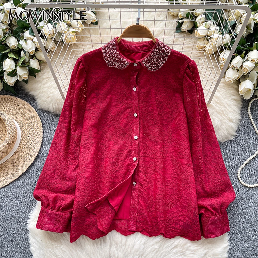 

TWOTWINSTYLE Solid Slimming Sweet Blouses For Women Lapel Long Sleeve Spliced Button Spring Cute Shirts Female Fashion KBL544008