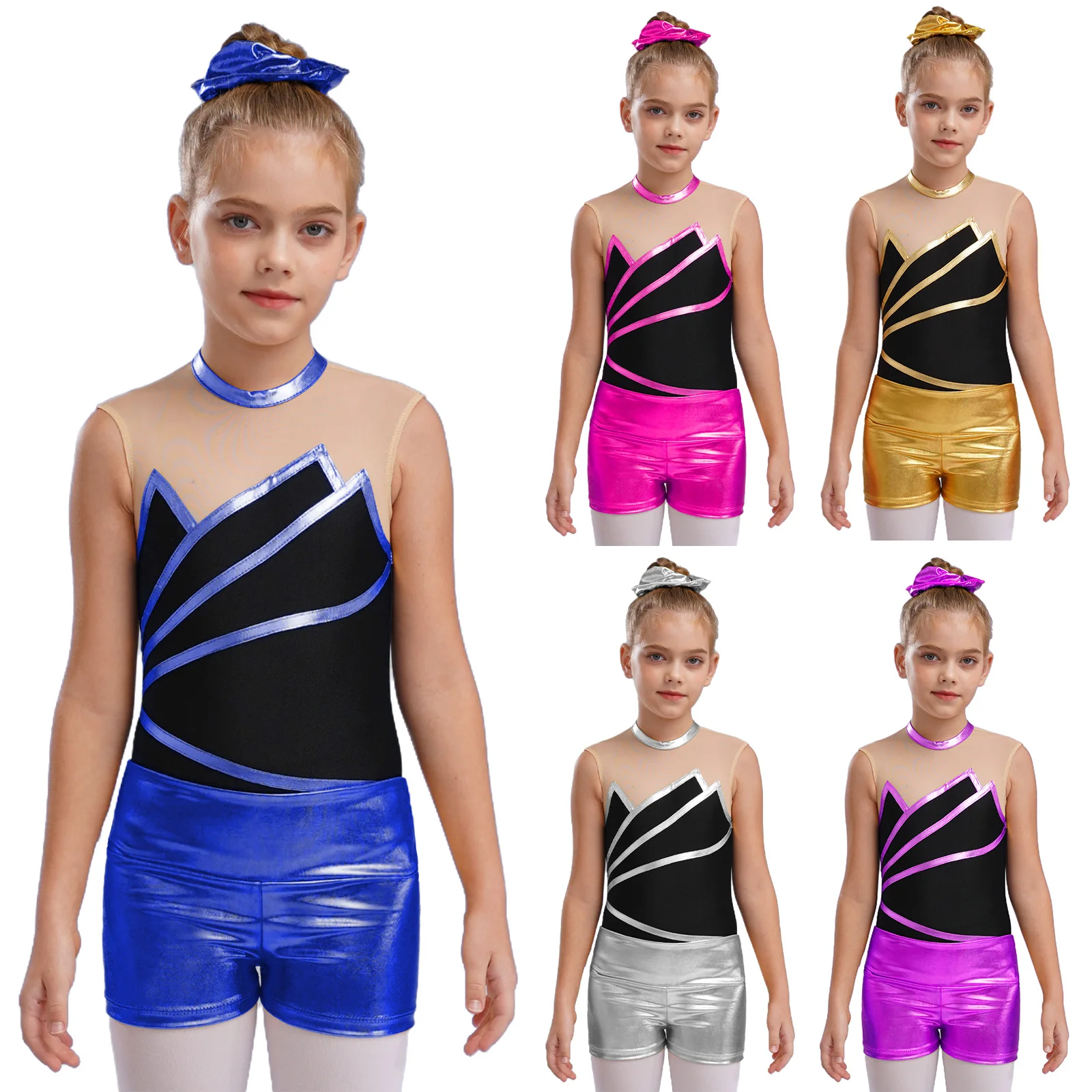 Children Girls Figure Skating Gymnastics Outfit Sleeveless Leotard+Shorts Hair Band Dance Workout Performance Costume Sports Set