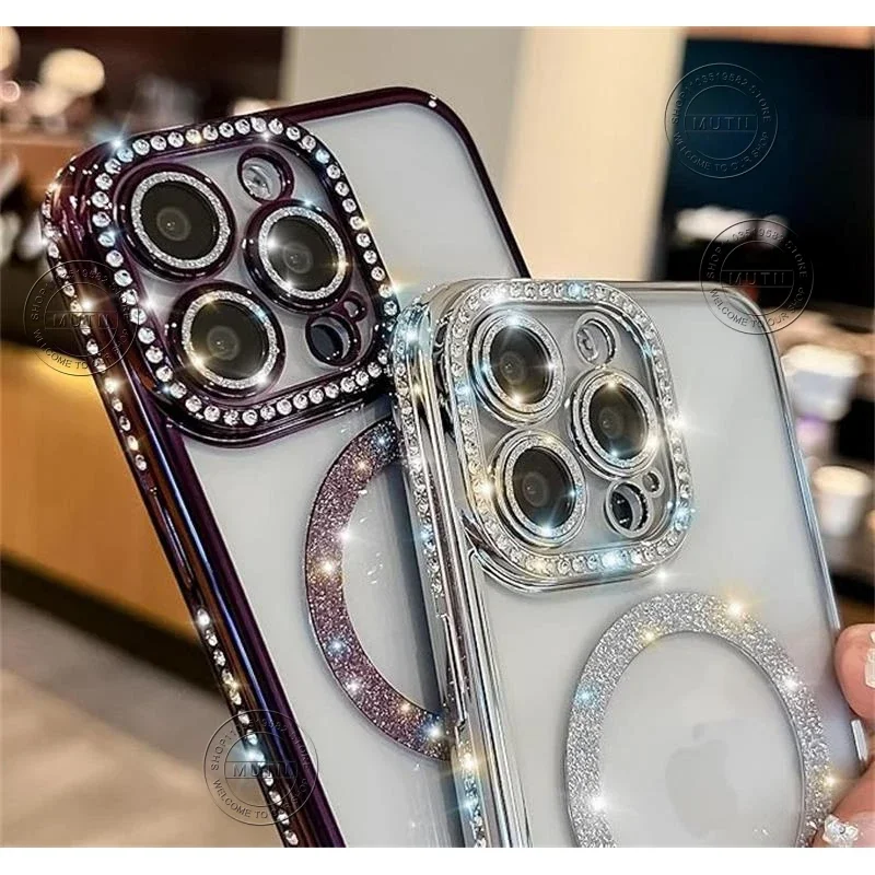 Прозрачные чехлы с бриллиантами для iPhone 16, 15, 14, Plus, 13, 12, 11 Pro Max, магнитная беспроводная зарядка, блестящая задняя крышка, подарок для девочек и женщин