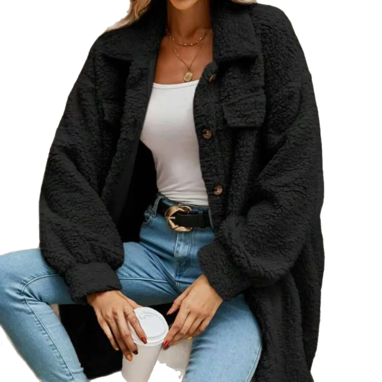 2025 New Fashion Button Plush Long Coat Women Winter Casual Loose Solid Color Lapel Sleeve Cardigan Jacket For Women