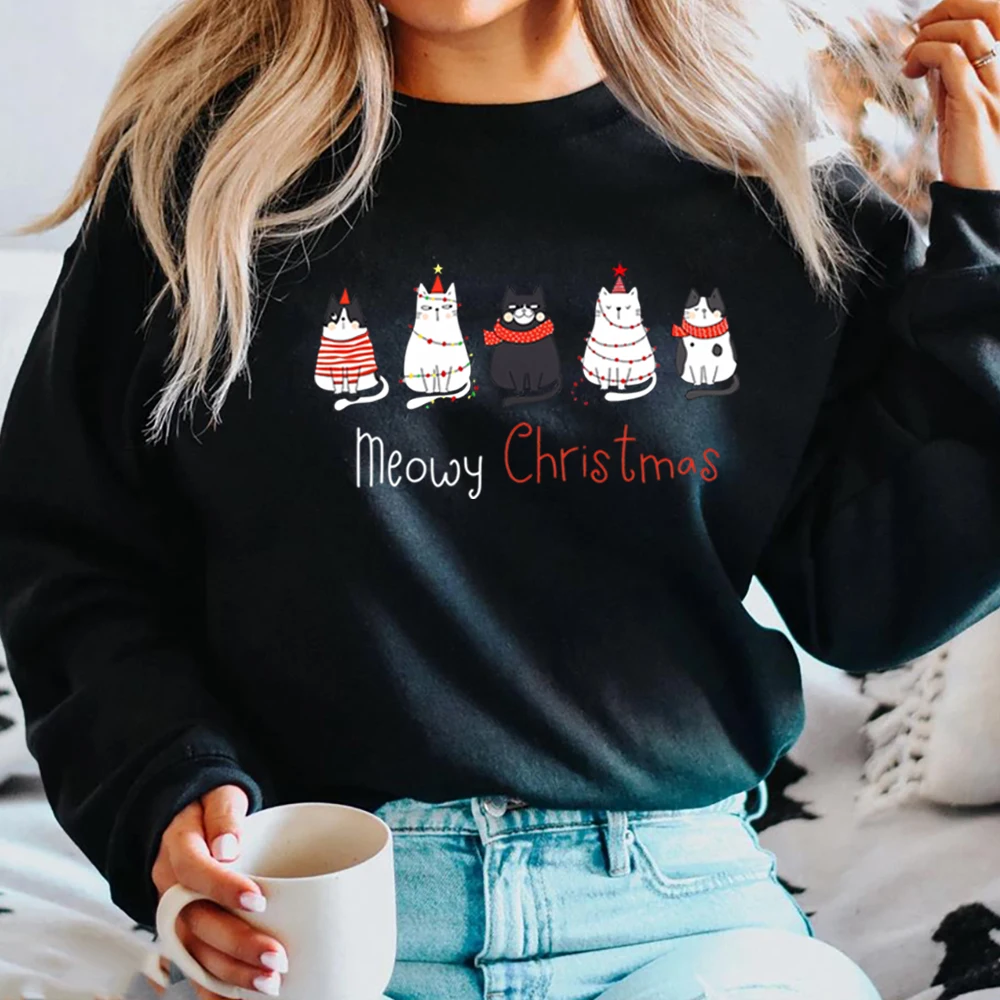 Meowy Christmas Sweatshirt Christmas Cat Merry Christmas Hoodie Cat Lover Sweater Cute Cat Cewneck Sweatshirts Gift for Cat Mom