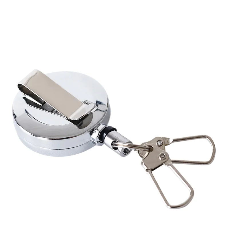 Zinc Alloy Badge Reel Retractable Keychain Double Hook Fishing Lanyard Circular Automatic Reel for Outdoor Lure Rock Fishing