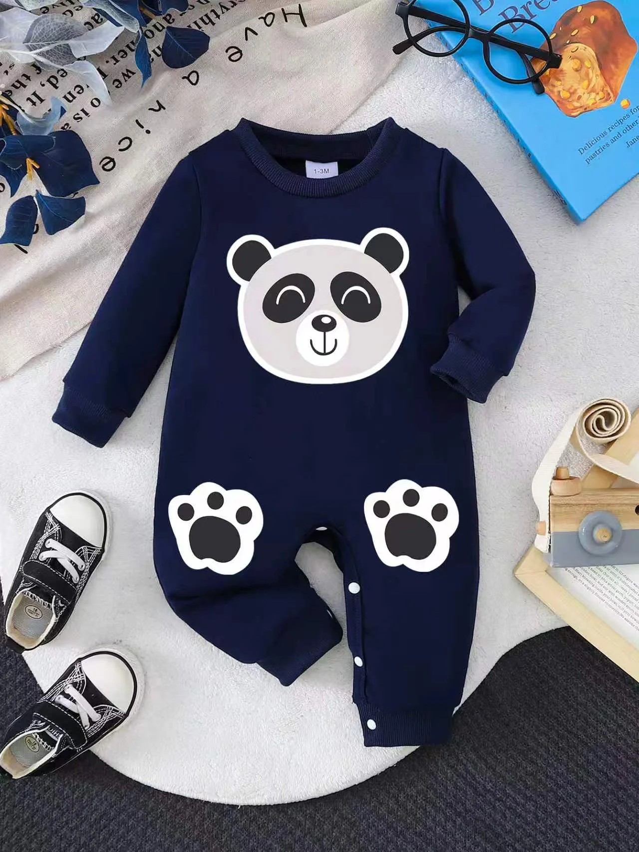 1Pc Baby Panda Print Romper, Long Sleeve Snap Crotch Jumpsuit, Soft Knit Unisex Infant Outfit, Cute Casual Home Daily Wear