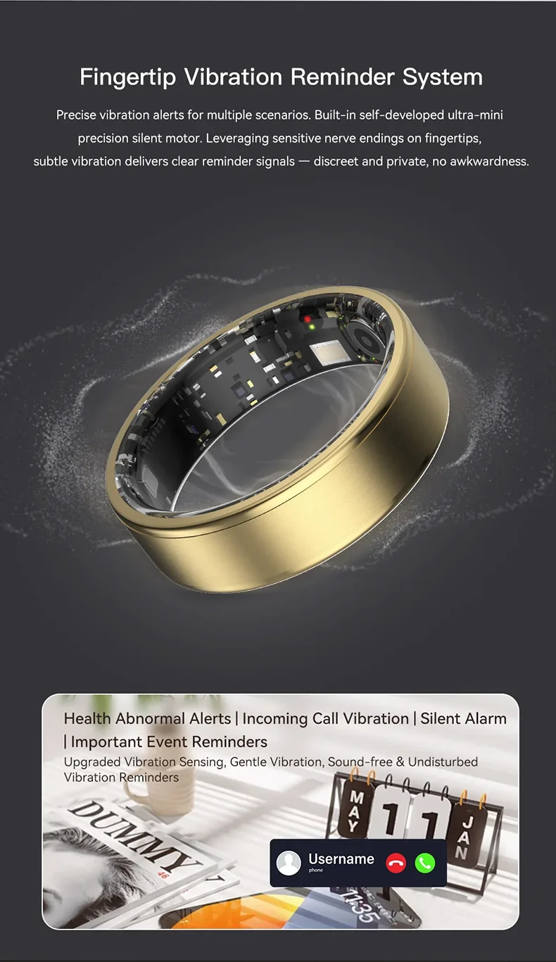 QINO K100 Smart Ring with Strong Vibration Alerts for Calls, Alarms & Reminders, Heart Rate, SpO2, HRV, Sleep Tracker, 5ATM IP68