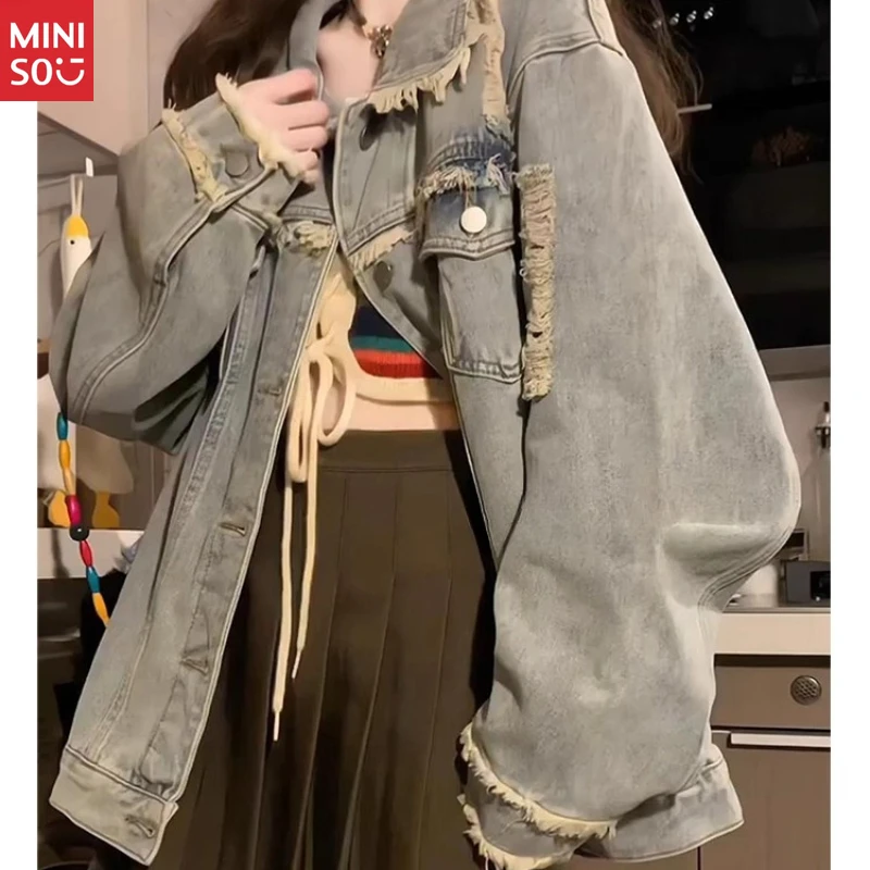 

Miniso Vintage Raw Hem Denim Jacket, 2025 Distressed Workwear Coat, Oversized Retro Top