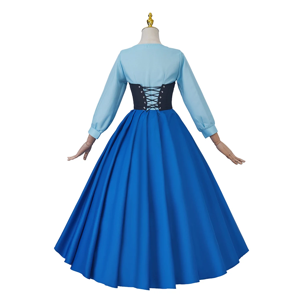 Ariel Princess Cosplay Costumes Long Sleeved Waist Blue Gown Dress  With Bowknot Adult Women Halloween Carnival Outfits