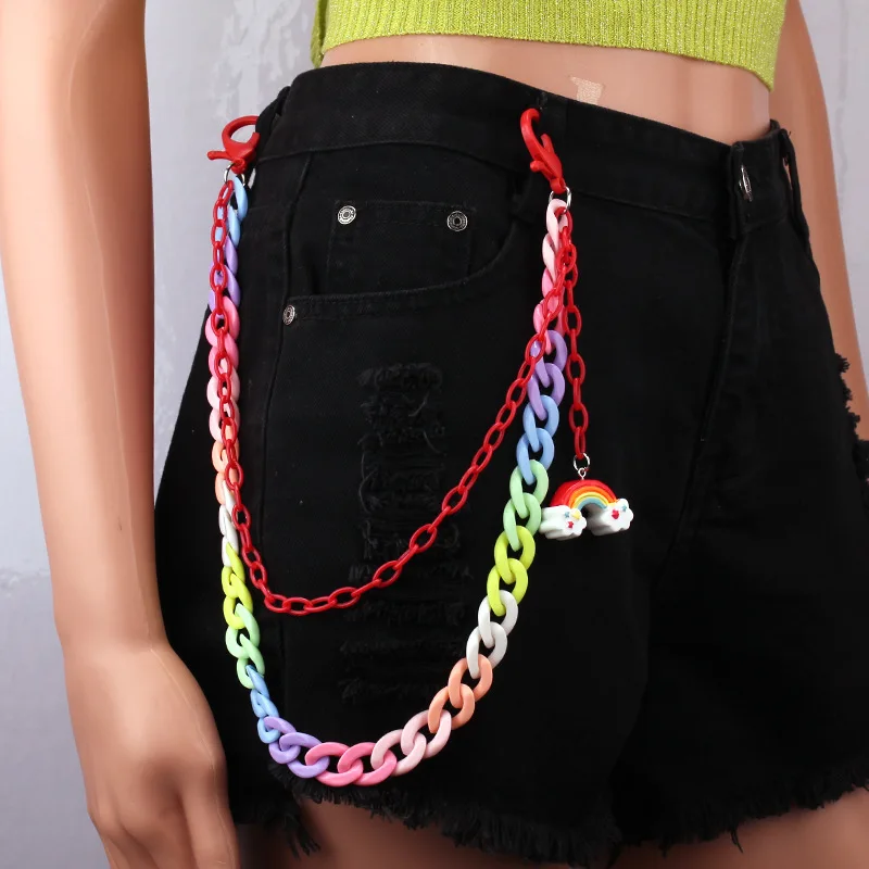 Cartoon Hip Hop Rainbow Resin Chain Keychain Men Women Waist Chain Multicolor Acrylic Animals Pants Trousers Chain Punk Jewelry