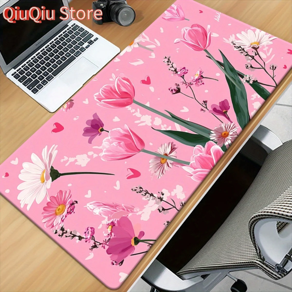 

1 шт. розовый коврик для мыши XXL с цветочным принтом и сердечком — моющийся резиновый настольный коврик для игр и офиса, многофункциональный коврик для клавиатуры с