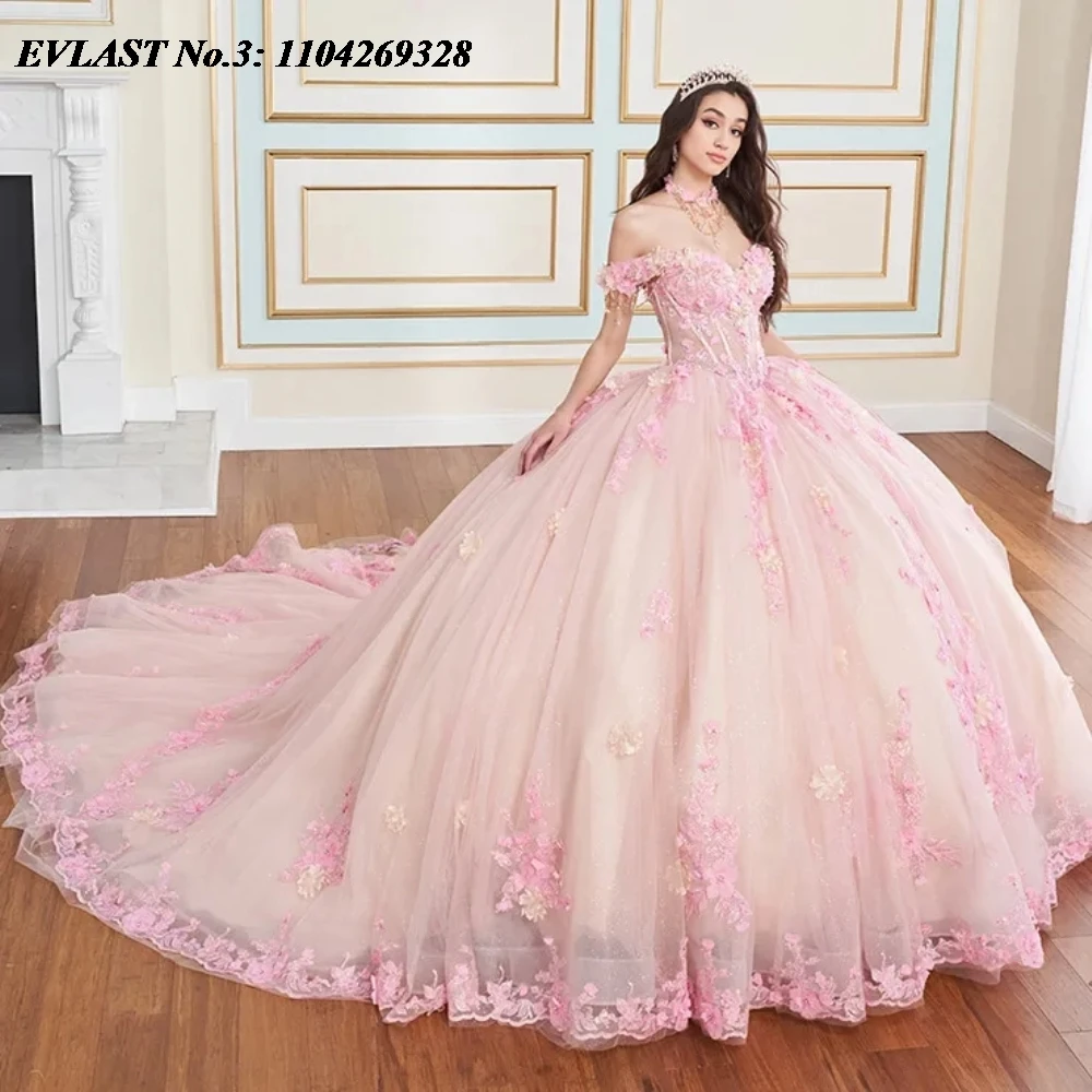 EVLAST Personalizado 2025 Rosa Quinceanera Vestido de Baile 3D Floral Applique Frisado Arco Espartilho Doce 16 Vestidos De 15 Anos E3Q103