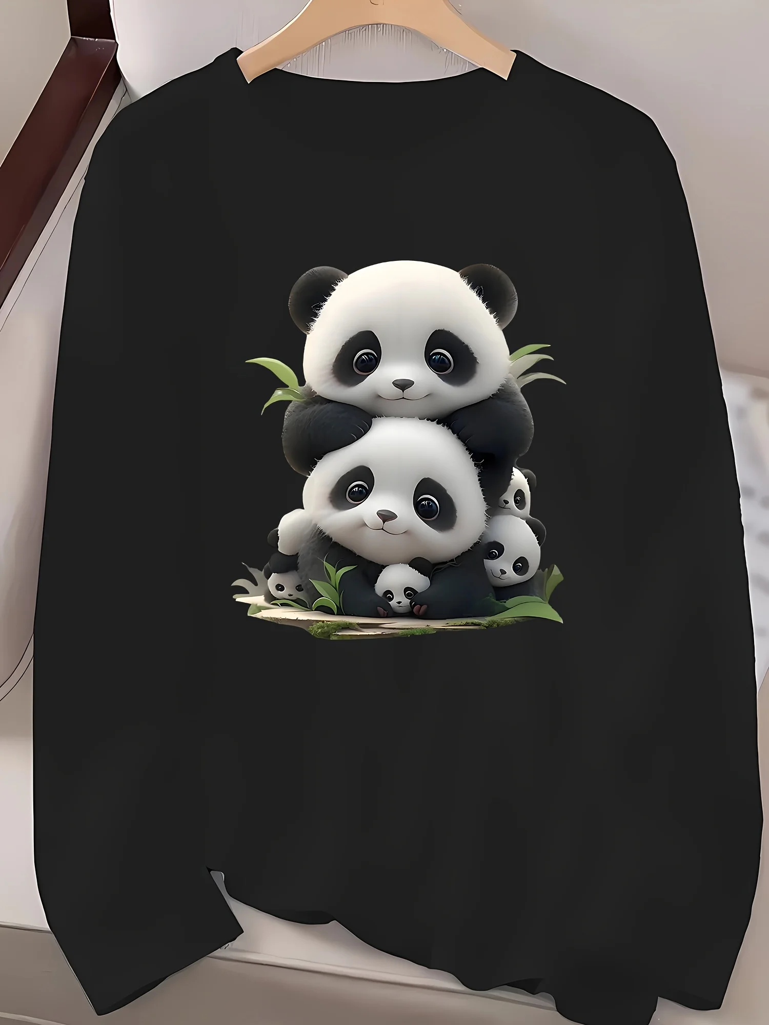 Spring Autumn Women's Casual Long Sleeve T-Shirt Funny Cute Panda Print Pattern 90s Round Neck T Shirt Women's Clothing Female