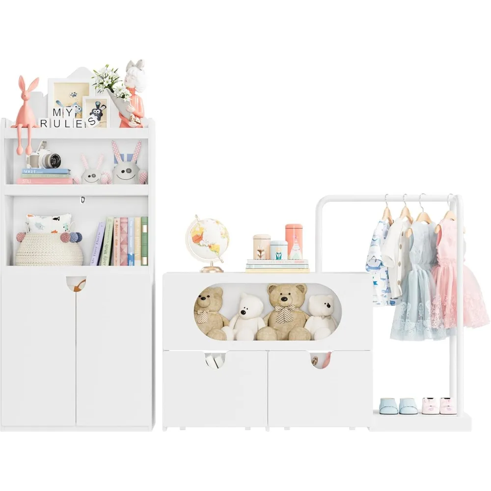 Toy Storage Organizer with Clothes Rail, Combination Type Kids Bookshelf and Bookcase  Box with Wheels, Toddler Bookshelf