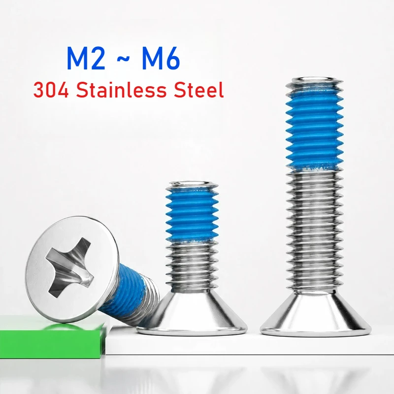 M2 M2.5 M3 M4 M5 M6 304 Stainless Steel Countersunk Cross Flat Head Blue Dispensing Screw Anti-loose Anti-skid Screw