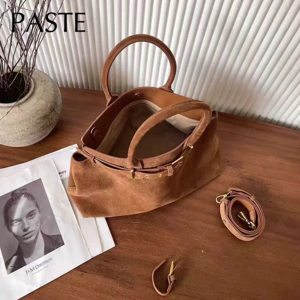 حقيبة يد للعمل من جلد Nubuck للنساء ، حقيبة حمل كبيرة ، قهوة غير لامعة ، جمل رمادي ، طراز روسي ، جلد مدبوغ حقيقي ، جلد بقر ، شتاء