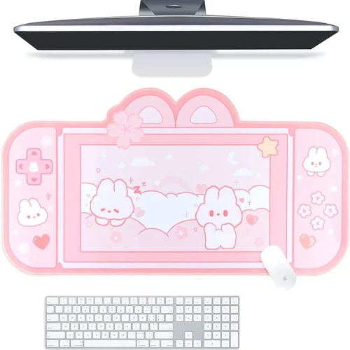 Alfombrilla de escritorio de conejito NS Switch, alfombrilla grande para teclado y juegos, alfombrilla para ratón, Animal rosa Pastel, Kawaii, Protector de escritorio de Anime bonito