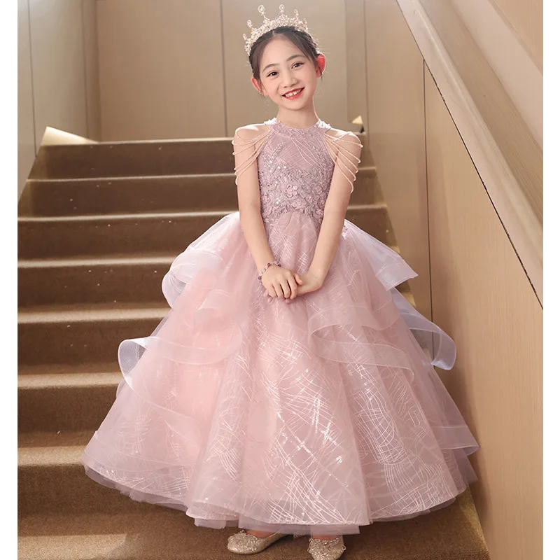 

Pink Children Girls Birthday Princess Dress Flower Girl Wedding Gown Piano Performance Host Pageant Formal Celebration Clothes