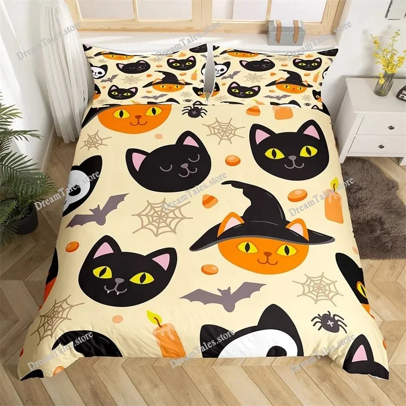 

Cute Halloween Cat Duvet Cover Mystery Castle Bedding Set for Kids Teen Microfiber Misty Forest Bat Quilt Cover Queen Bedclothes
