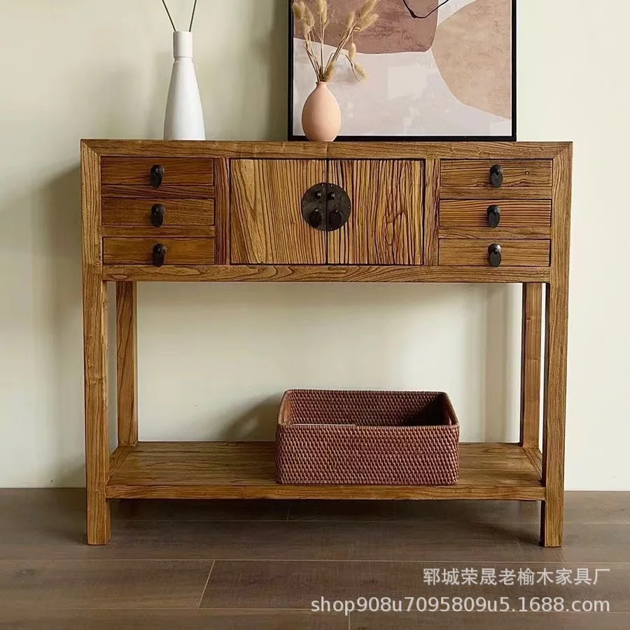 

Retro old elm entrance cabinet New Chinese style living room wall storage cabinet Solid wood entrance storage side cabinet High