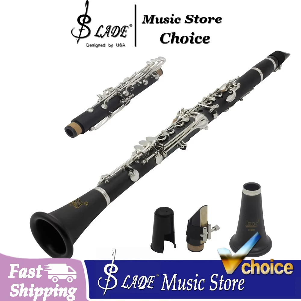 SLADE Bb Flat Clarinet 17 Keys Black Bakelite Body Clarinet with Case Strap Parts Woodwind Instrument for Students Beginners