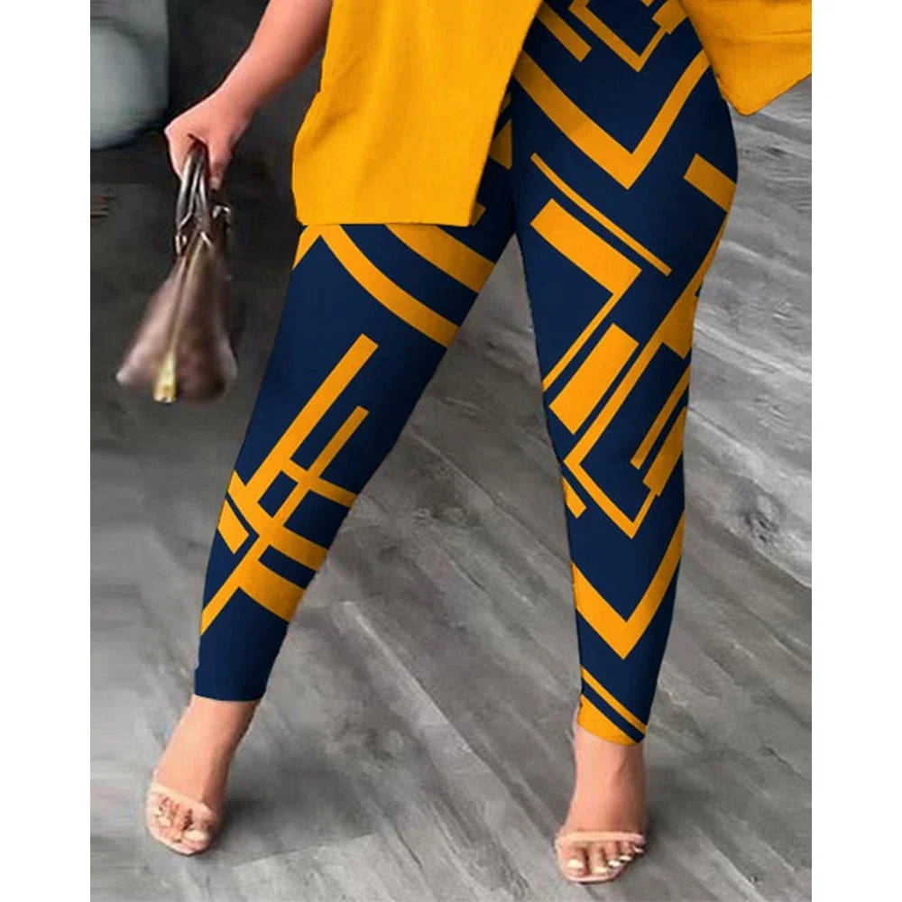 Women Fashion Geometric Print Short Sleeve 2 Pieces Set Femme Casual Sporty Suits Summer One-Shoulder Hem Split Top & Pants Sets
