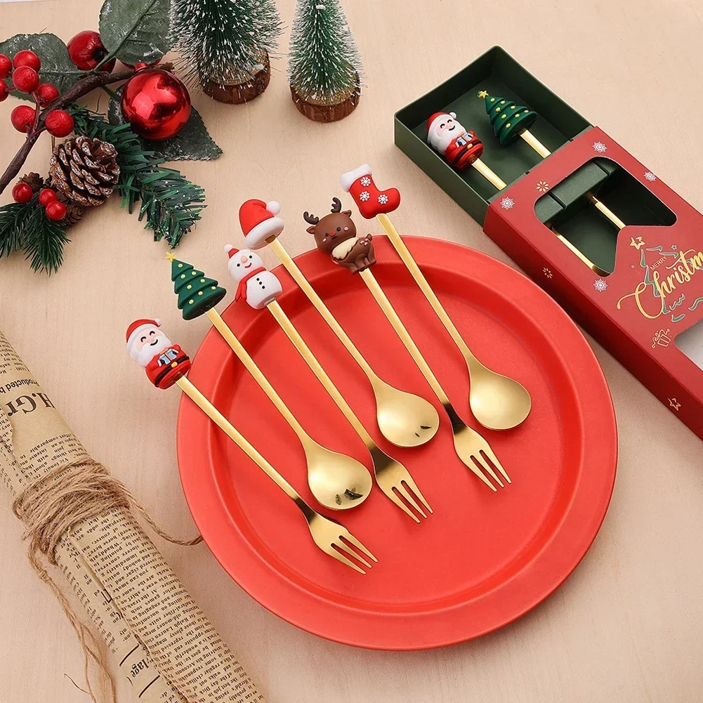 2/4/6Pcs Stainless Steel Creative Tableware Coffee Tea Dessert Forks and Spoons Gift Set Christmas Fork and Spoon Set