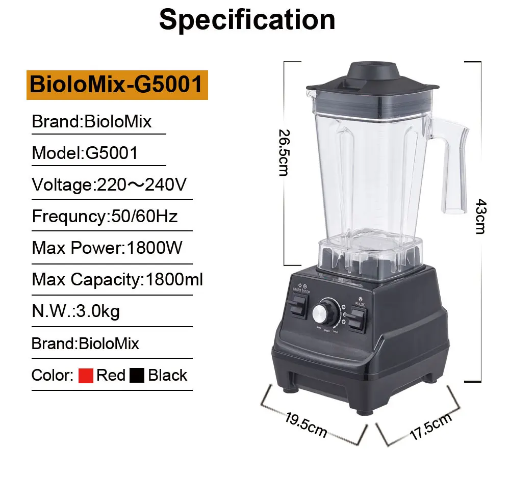 Mini Pro BioloMix 1800W wysokiej mocy Blender do Smoothie bez BPA 1,8l i 0,6l podwójny słoik wysokowydajna sokowirówka mikser kuchenny