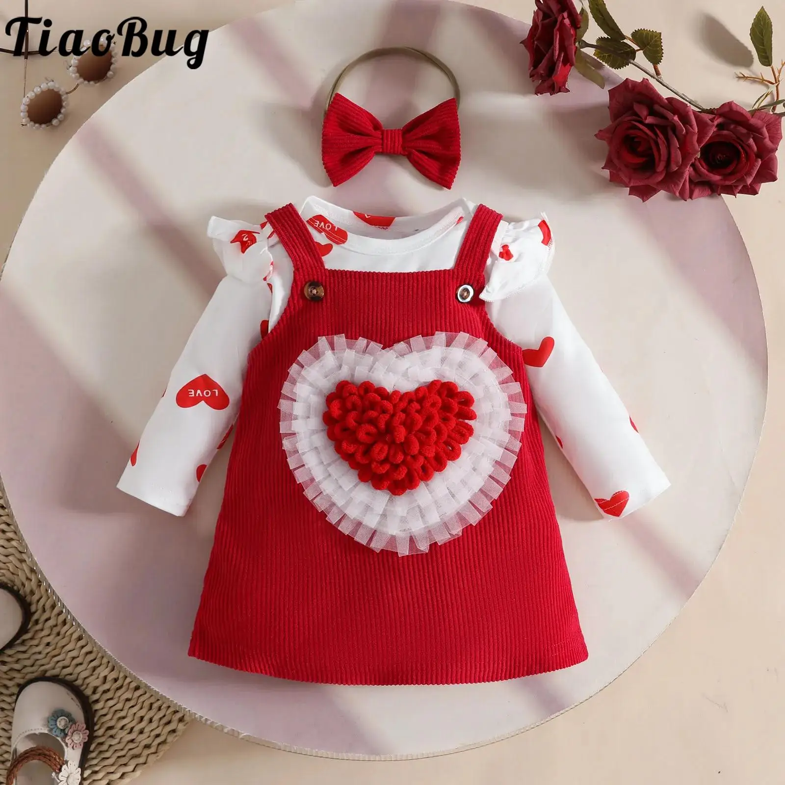 

Infant Baby Girl Clothes Cute Heart Printed Long Sleeves Romper with Corduroy Overall Dress for Christmas Holiday Birthday Party