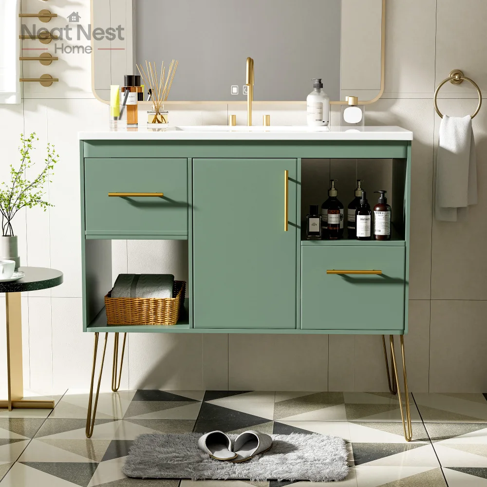 

Bathroom Vanity, Modern Freestanding Single Bathroom Cabinet, Storage Cabinet for Bathroom, Solid Wood Frame Vanity Set, Green