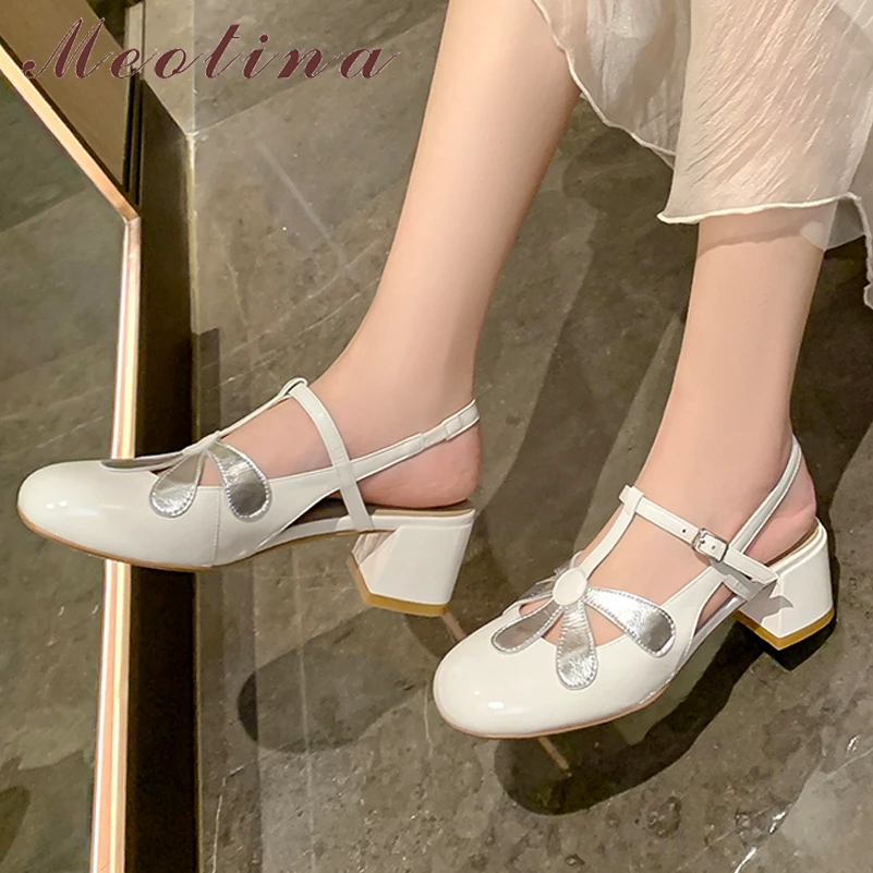 

Meotina Women Genuine Leather Slingbacks Sandals Round Toe Block Mid Heel Buckle Ladies Fashion Mixed Colors Shoes Summer Beige