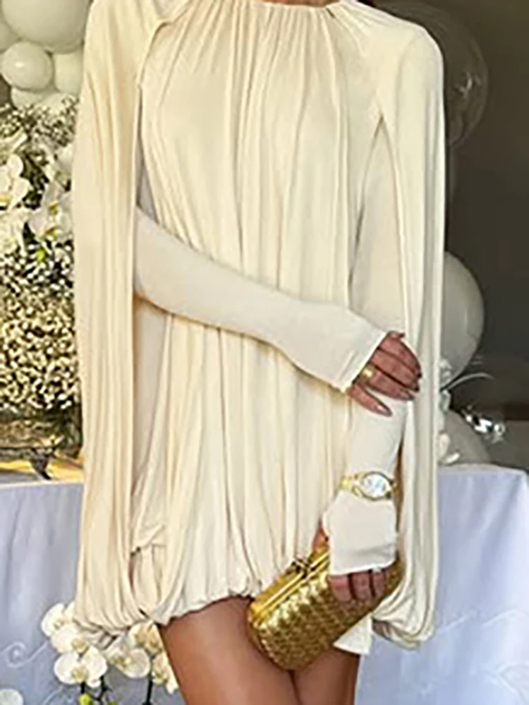 

Женское повседневное темпераментное свободное вечернее платье Элегантное однотонное короткое платье с круглым вырезом Модное драпированное мини-платье с рукавами на плечах