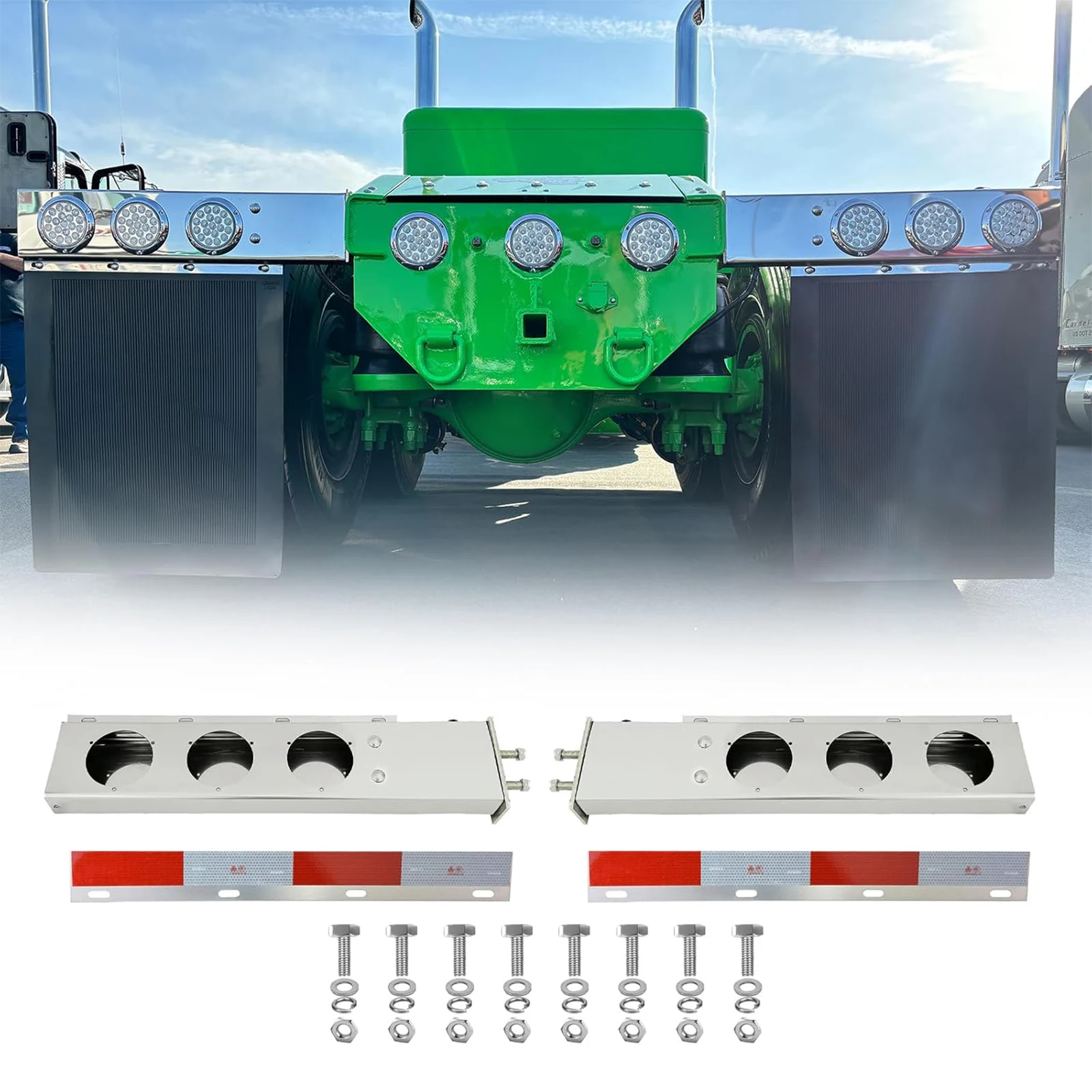 

Stainless Steel Mud Flap Hanger Set 2-1/2" Bolt Spacing 30" Length Rear Bar with Light Cutouts for Semi Trucks, 2.5" Bolt Spring
