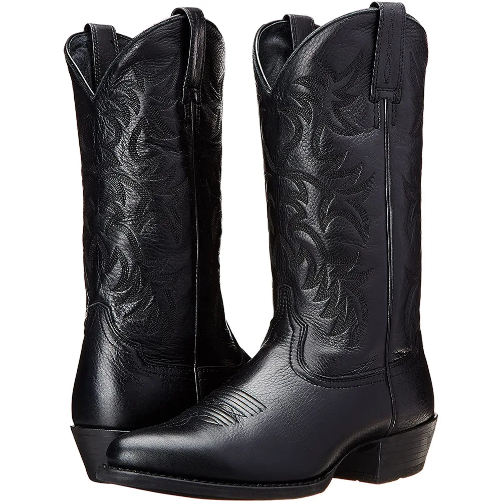 Mid Calf Western Cowboy Motorcycle Boots Men Embroidery Black Autumn Winter Outdoor Leather Totem Med Heel Boots Male