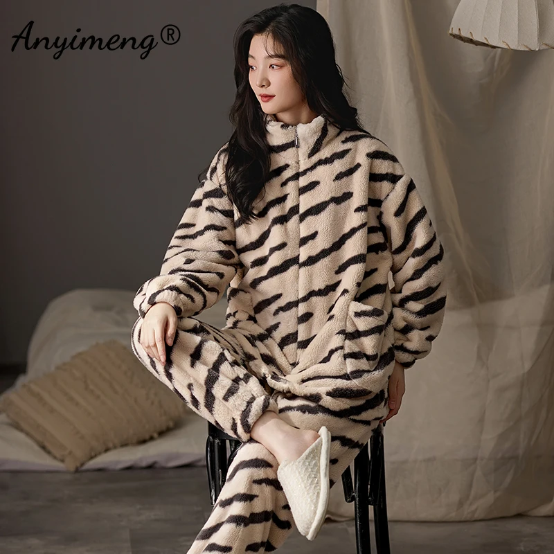 Winter Warm Flannel Women Pajama Sets Purple Long Top and Pants Pijamas Woman Cardigan Sleepwear Girl Loungewear