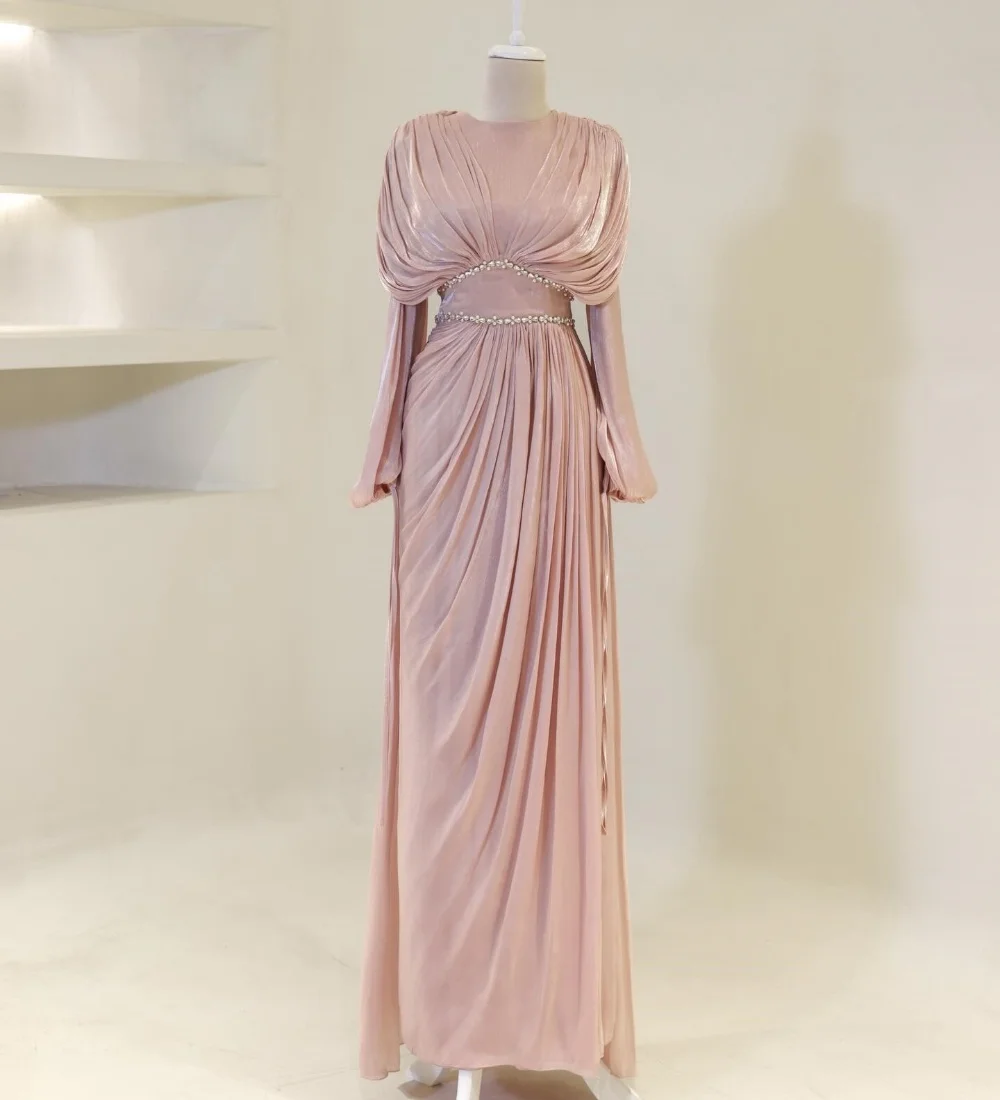

Customized Pink Matching Sparkle Pleat Ruched Draped Rhinestone A-line High Collar Long Dresses Evening Dresses Exquisite Casual