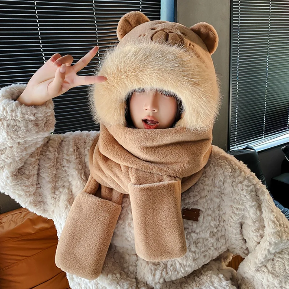 

Fashion 3 in 1 Capybara Hat Scarf Set Cartoon Warm Scarf Hat Glove for Women Soft Panda Furry Scarf Cap Set Outdoor