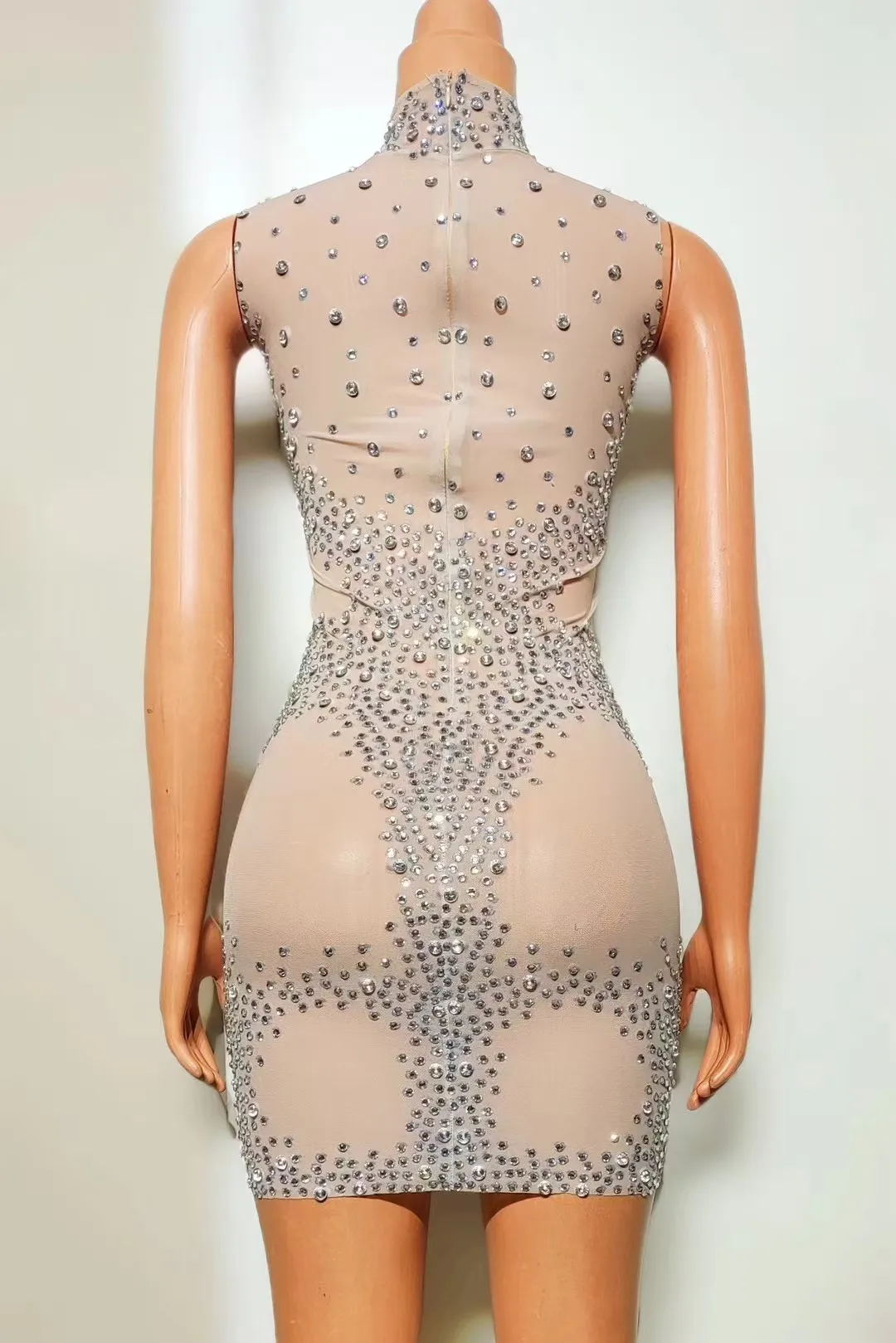 Sexy Perspective Mesh Full Diamond Sleeveless ShortSkirt Nightclub DJ Bar Female Singer Dance TeamStage Dress Party Theme   A931