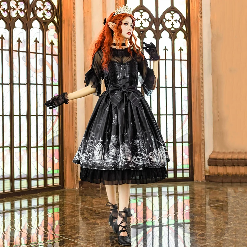 Reddaschic-minivestido Lolita Jsk para mujer, vestido sin mangas con puntada de lazo, volantes hinchados, princesa Retro Medieval, una pieza