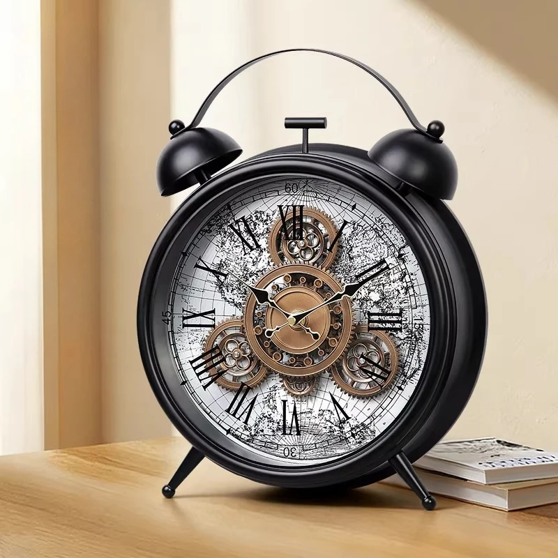 American Style Living Room Desk Clock Retro Mute Gear Machinery Clock Study Bedroom Kitchen Restaurant Clock Desktop Gadgets