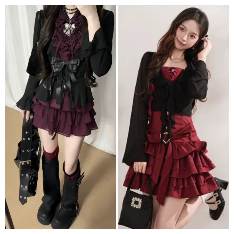 Harajuku Japanischer Street-Punk-Lolita-Zweiteiler für Damen, Y2K Vintage Minikleid, Kurze Weiche Freizeitjacke, Täglicher Party-Anzug